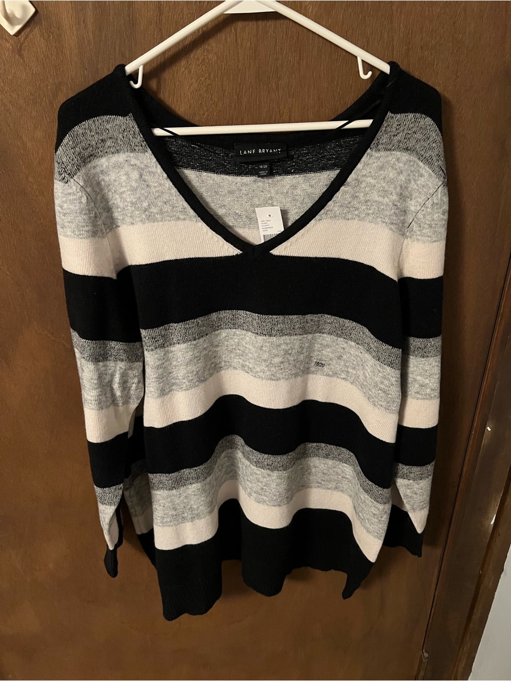 Lane Bryant Black, Gray & Cream Striped V-Neck Pullover Sweater
